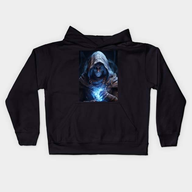 a dark mage with blue magic Kids Hoodie by Maverick Media